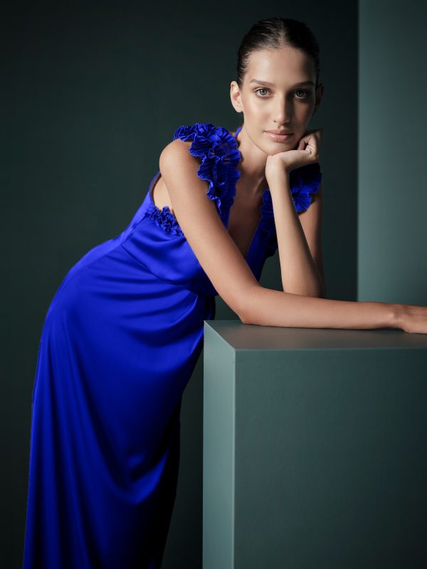 Μπλε ηλεκτρίκ σατέν μακρύ φόρεμα Rinascimento