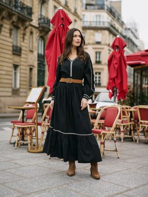 Μαύρο boho φόρεμα ποπλίνα Gwen Cream